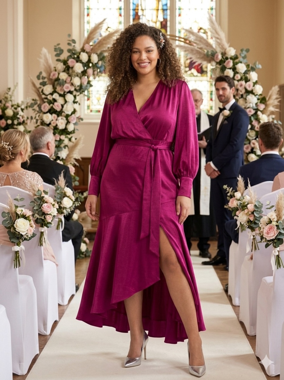 NWT ELOQUII Magenta Satin Wrap High-Low Midi Wedding Guest Dress Size 14
